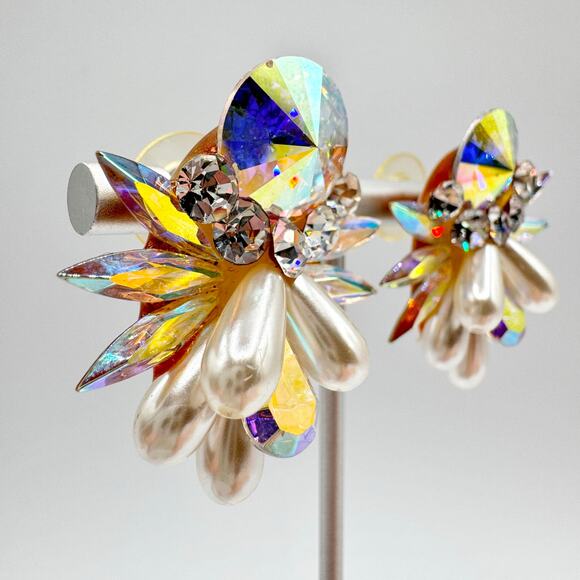 Vintage Rhinestone Earrings AB Rivoli Navettes Runway Ballroom Faux Pearls Bling - Picture 6 of 17